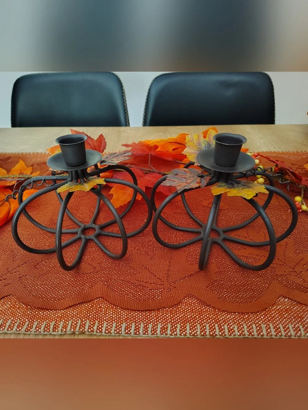Pumpkin Metal Candle Holders with Autumn Leaf Accents- Set of 2